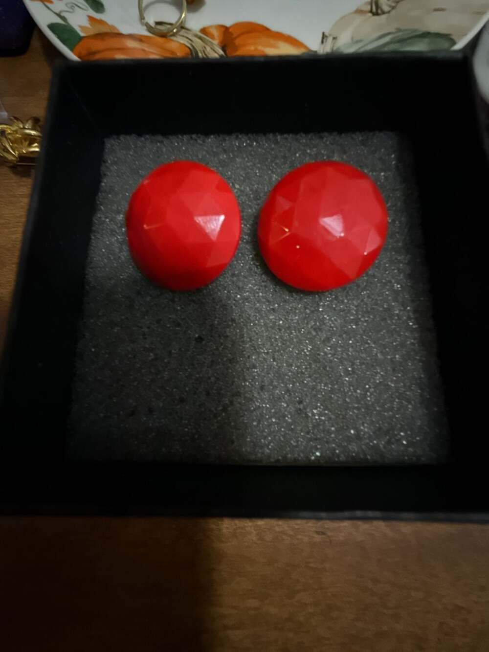 West Germany Red Faceted Plastic Domed Clip-On Earrings